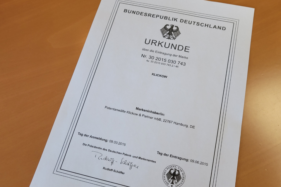 Urkunde über den erfolgreichen Eintrag einer Marke beim Deutschen Patent- und Markenamt